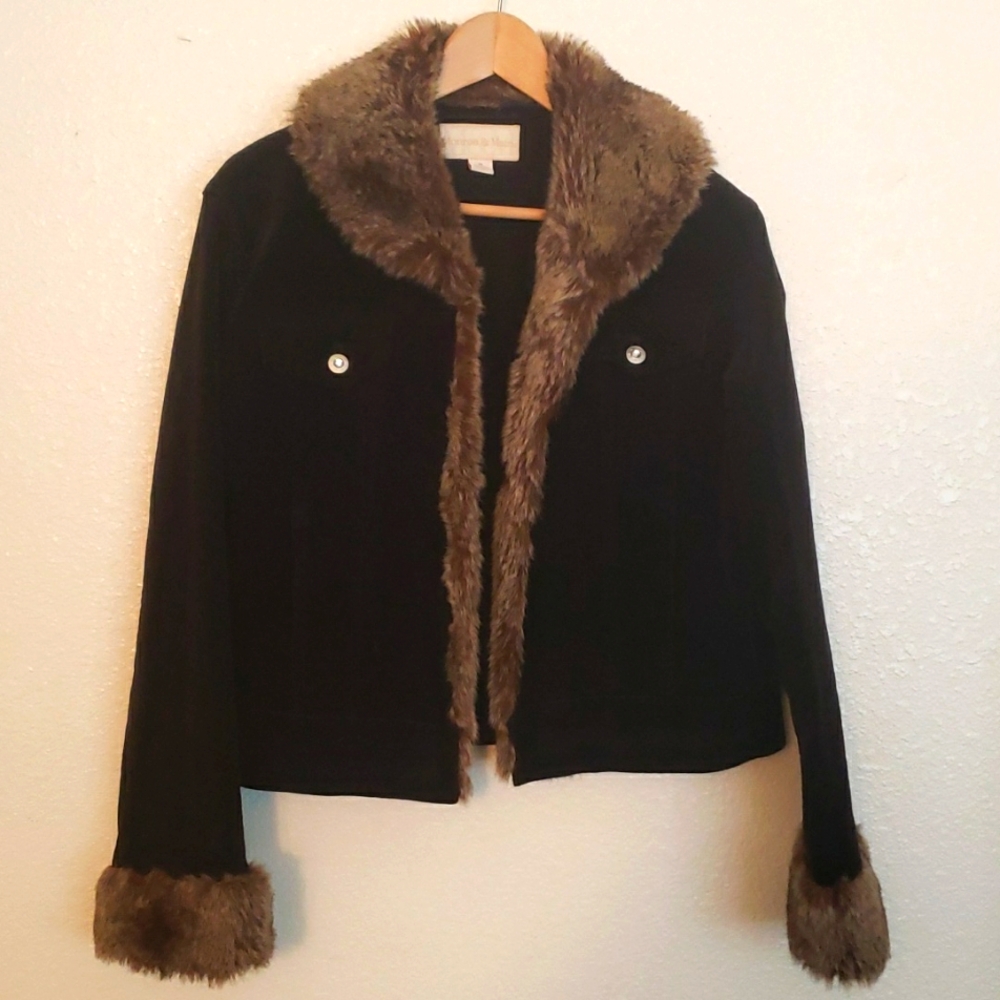 Corduroy jacket with  cream faux trimmed collar and cuffs. Dark brown.